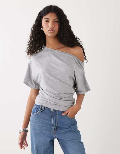 COLLUSION - Gråmeleret offshoulder-top med draperinger - view 1