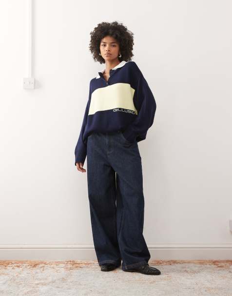 COLLUSION oversized knitted rugby polo in navy
