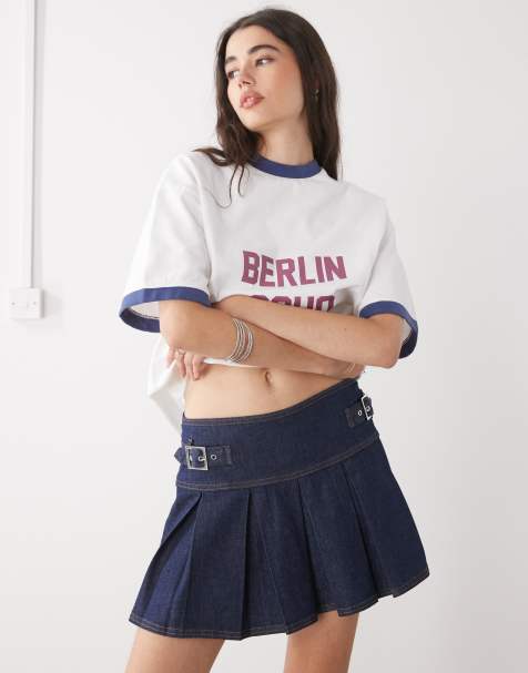 COLLUSION denim mini kilt skirt in rinse wash