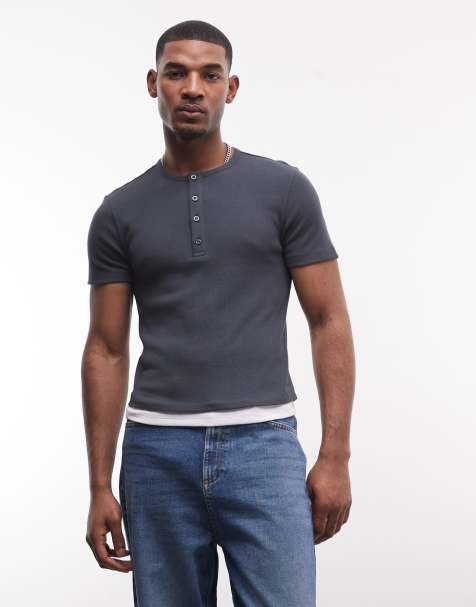 COLLUSION – Granatowy dwuwarstwowy T-shirt z krótkimi rękawami i dekoltem henley - view 1