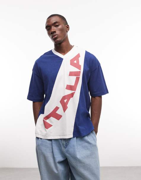 COLLUSION – Granatowy sportowy T-shirt oversize z dekoltem V - view 1