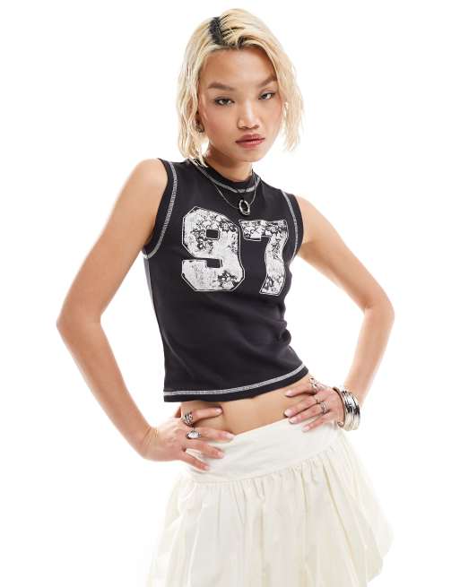 COLLUSION graphic number v-neck singlet in black