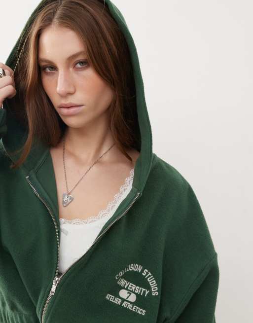 COLLUSION - Grøn cropped fleece-hættetrøje med gennemgående lynlås i retrostil - Del af sæt, 3 af 4