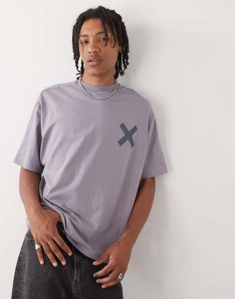 COLLUSION – Gruby T-shirt w spranym kolorze szarym, z logo X - view 1