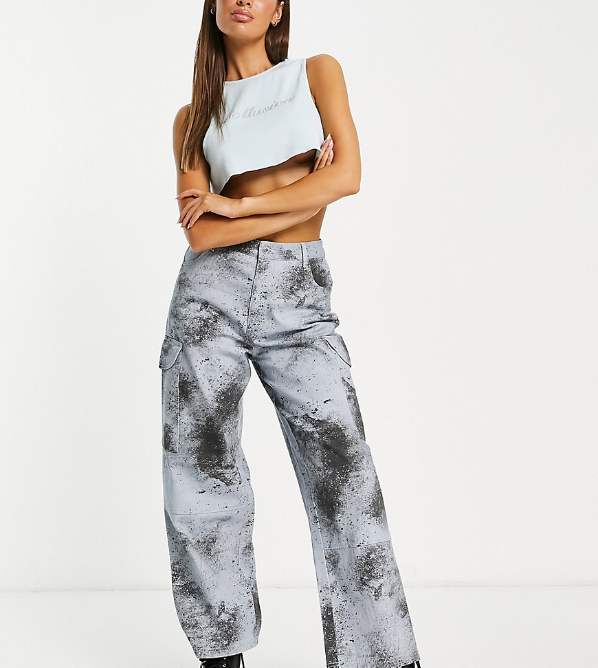 COLLUSION grunge print wide leg cargo trousers in grey-Purple