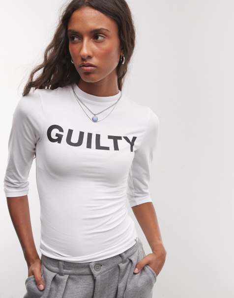 COLLUSION guilty slogan top met 3/4-mouwen en getailleerde pasvorm in aqua - view 1