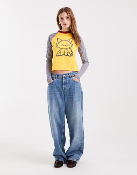 COLLUSION - Gul raglan-T-shirt med kattegrafik - view 1