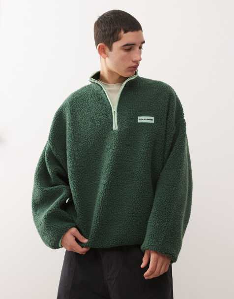 COLLUSION half-zip borg fleece jumper in green - view 1