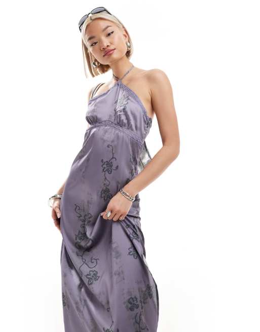 COLLUSION halter maxi slip dress with lace trim in lilac floral, 2 of 4