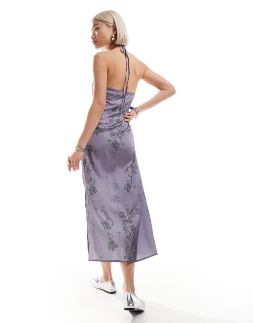 COLLUSION halter maxi slip dress with lace trim in lilac floral, 3 of 4
