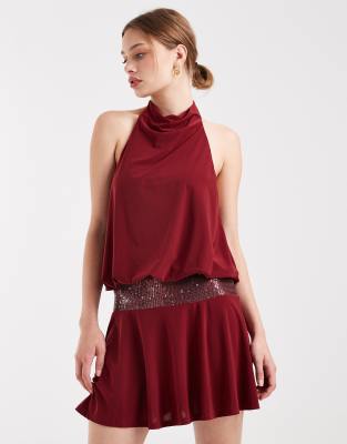 Collusion Halter Mini Dress With Lace Waistband In Red