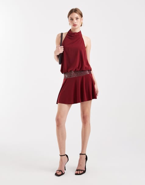COLLUSION halter mini dress with lace waistband in burgundy - view 1