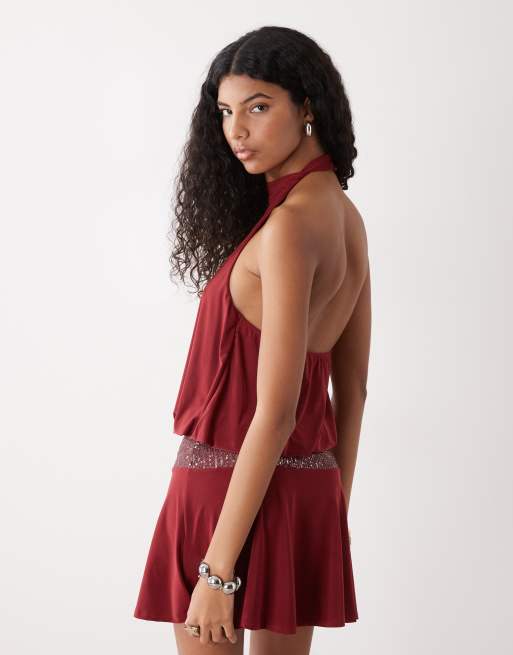 COLLUSION halter mini dress with lace waistband in burgundy, 4 of 4