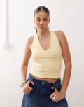 [Collusion] COLLUSION halter neck buttermilk top with pearl style button-White XS Buttermilk