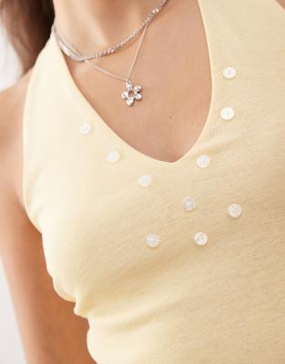 Collusion Halter Neck Buttermilk Top With Pearl Style Buttons-white