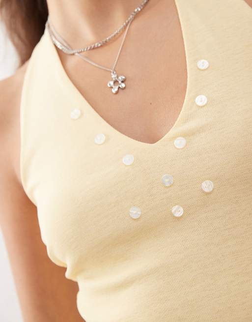 COLLUSION halter neck buttermilk top with pearl style buttons, 2 of 4