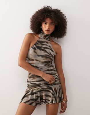 halter neck micro mini flippy dress in tiger print-Multi
