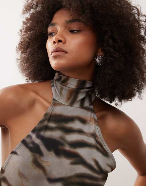 COLLUSION halter neck micro mini flippy dress in tiger print