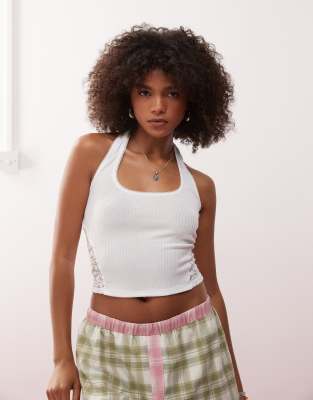 halter rib knit top with lace inserts in white