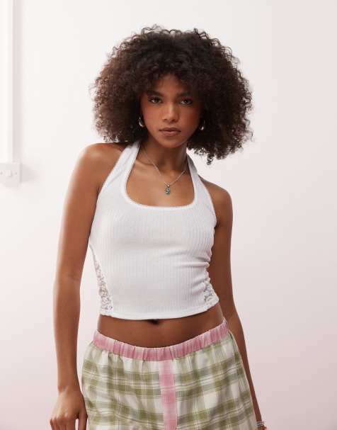 COLLUSION halter rib top with lace inserts white - view 1