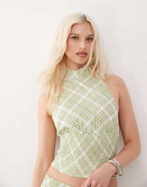 COLLUSION halter shirred top co-ord in green check - view 1