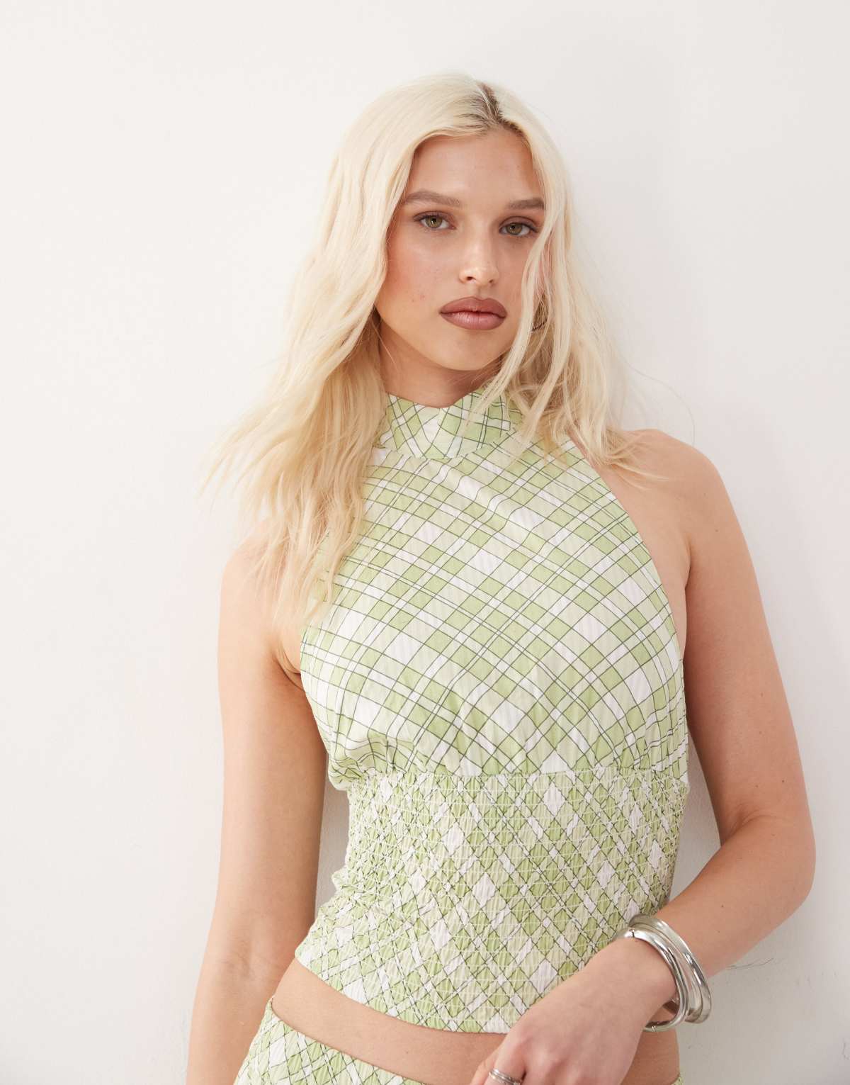 COLLUSION halter shirred top co-ord in green check