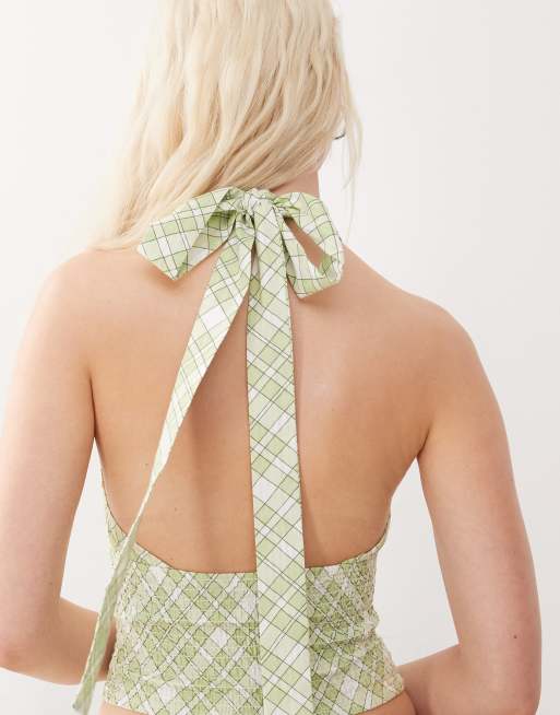 COLLUSION halter shirred top in green plaid - part of a set