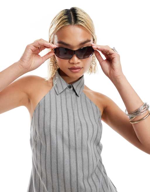 COLLUSION halter shirt with strappy back in grey pinstripe (part of a set)