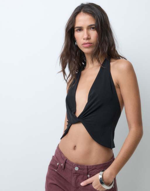COLLUSION halter twist front top in black, 5 of 5
