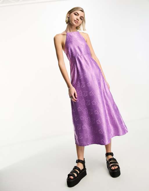 COLLUSION halterneck floral jacquard midi dress in purple