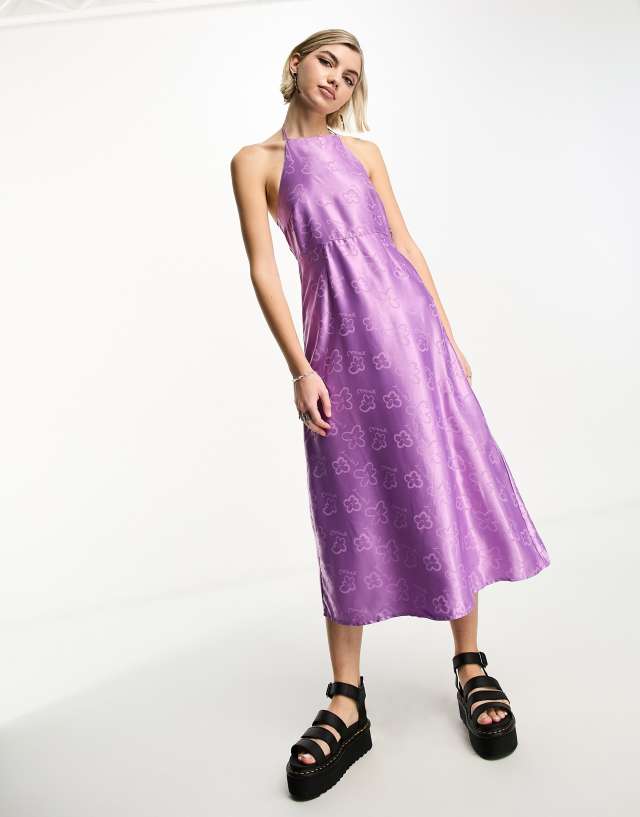 Collusion - halterneck floral jacquard midi dress in purple