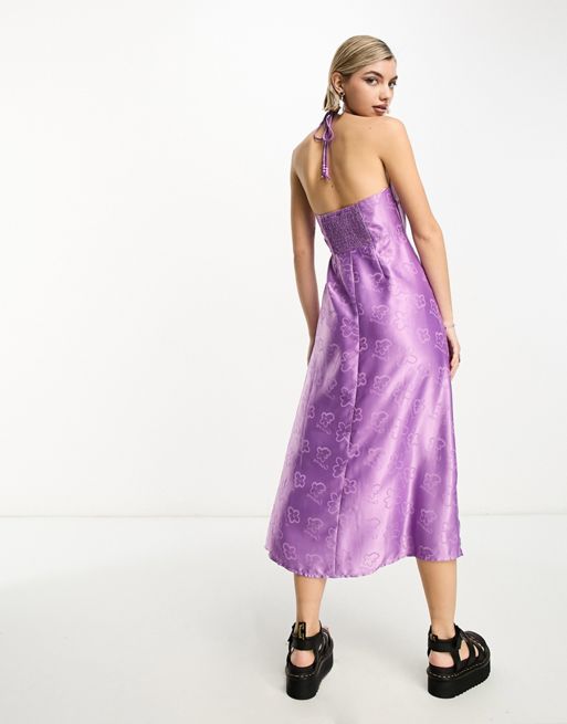 COLLUSION halterneck floral jacquard midi dress in purple | ASOS