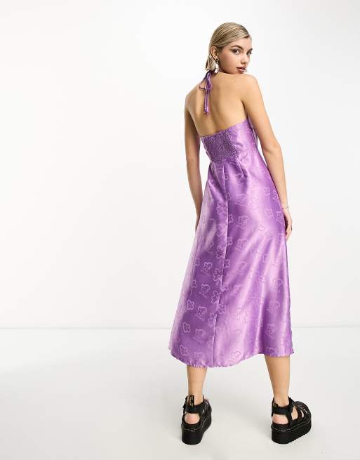 COLLUSION halterneck floral jacquard midi dress in purple