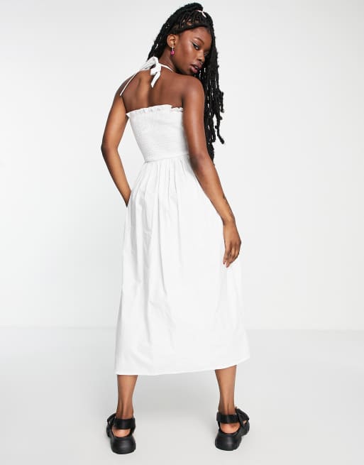 COLLUSION halterneck shirred detail eyelet summer midi dress in white | ASOS