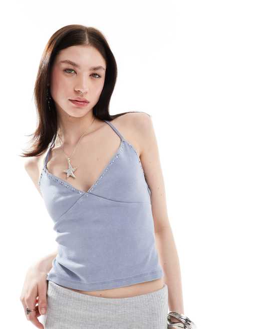 COLLUSION - Haltertop met studs langs de rand zonder achterkant in blauw