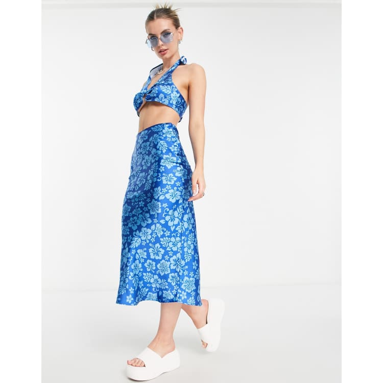 COLLUSION hawaiian print satin slip midi skirt in blue co ord ASOS