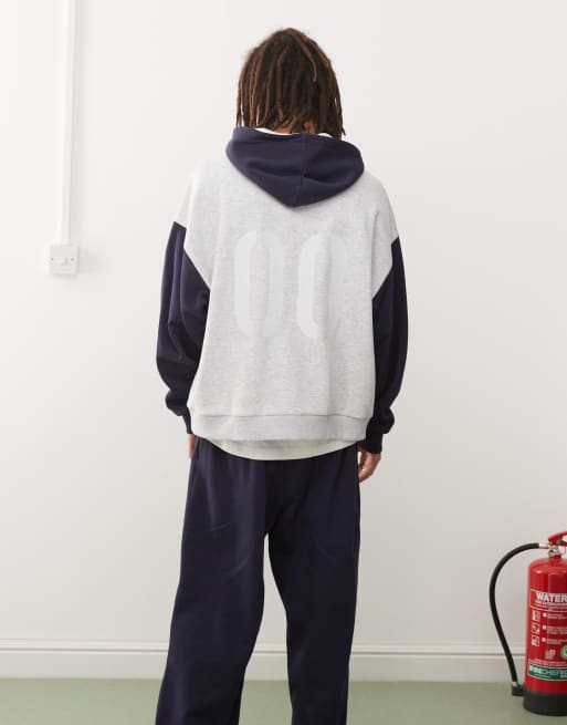 COLLUSION heather gray and navy blue boxy hoodie with print - part of a set, 4 of 4