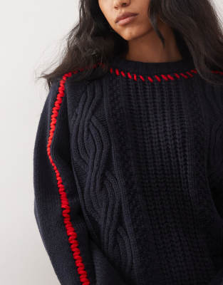 Collusion Heavy Cable Knit Sweater-white In Black