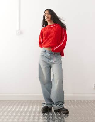 Collusion Heavy Cable Knit Sweater-red In Red