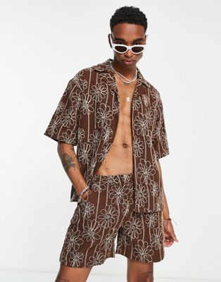 COLLUSION heavy weight cotton shirt with embroidered floral co-ord in brown