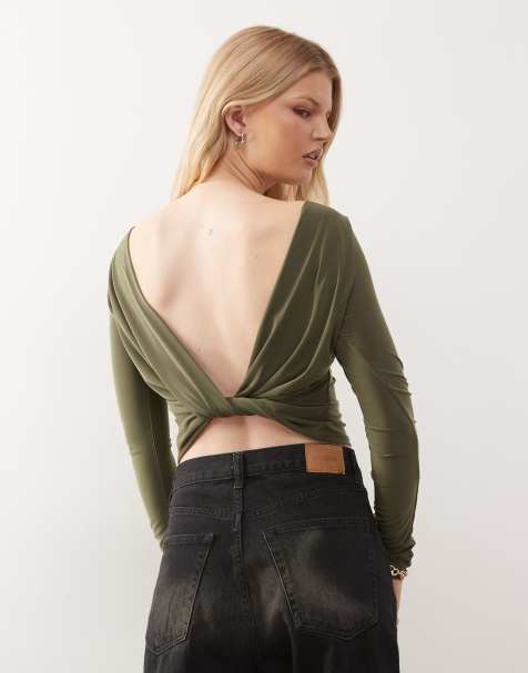 COLLUSION heavy weight slash neck twist back top in khaki - view 1
