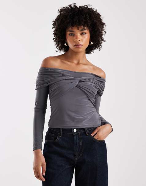 COLLUSION heavy weight soft touch off shoulder twist top in charcoal
