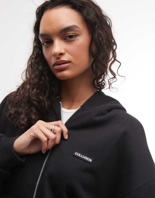 COLLUSION heavyweight boxy zip through hoodie in black co-ord, 3 of 4