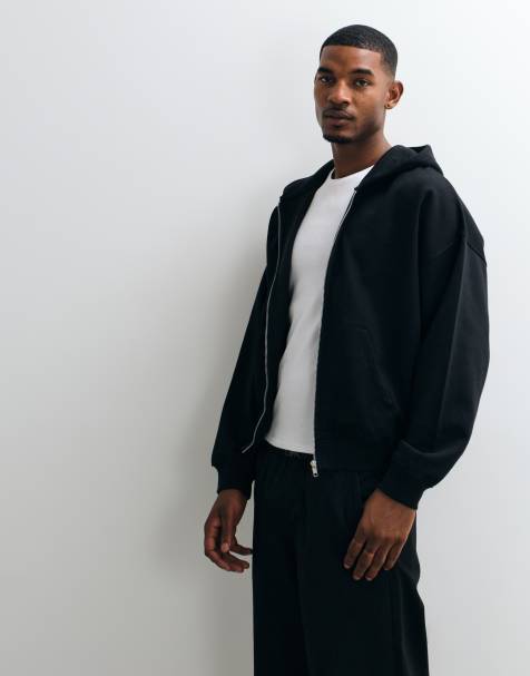 COLLUSION heavyweight boxy zip through hoodie in black - view 1