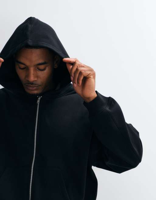 COLLUSION heavyweight boxy zip through hoodie in black, 3 of 5