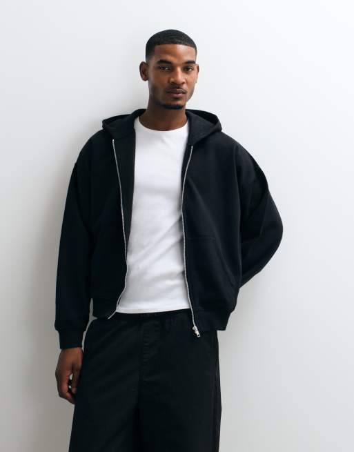 COLLUSION heavyweight boxy zip through hoodie in black, 4 of 5