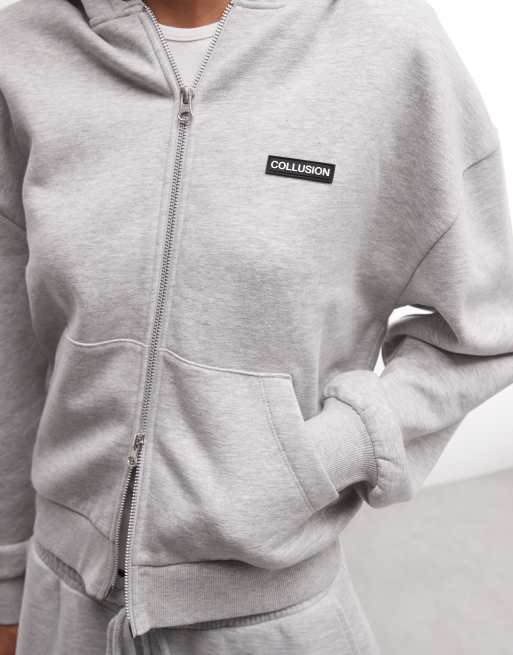 COLLUSION heavyweight boxy zip through hoodie in gray heather set, 3 of 4