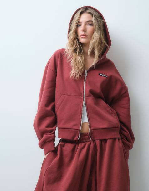 COLLUSION heavyweight boxy zip thru hoodie in burgundy co-ord - view 1