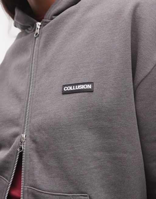 COLLUSION heavyweight boxy zip thru hoodie in charcoal co-ord, 3 of 4