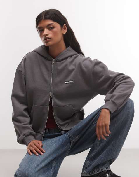 COLLUSION heavyweight boxy zip thru hoodie in charcoal set - view 1